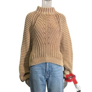 Free People Sweetheart Sweater Womens Small‎ Mock Neck Tan Knit Boho Oversized